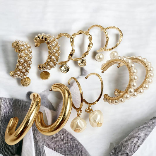 9 Stunning Gold Plated Pearl Studs and Hoop Earrings (Pack of 9)